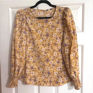 B.P.C. Floral Blouse Womens Size M Yellow Excellent Puff Sleeve Smocked Cuff